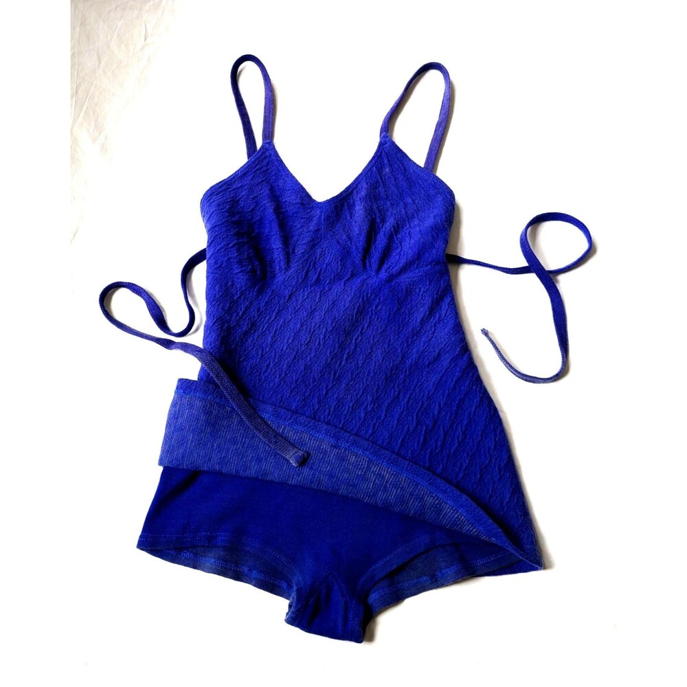 1930s Vintage Wool Bathing Suit: XL Blue Lastex Art Deco Pin Up Swimsuit Maillot